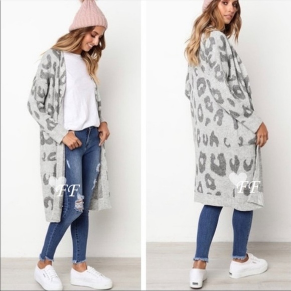 Leopard print long cardigan sweater pockets gray - Picture 3 of 7